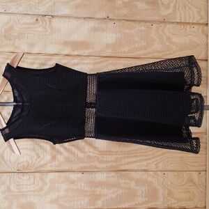 Miin Black Sleeveless Embroidered Mesh Flare Illusion Dress